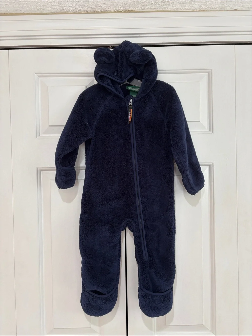 LL Bean Plush Navy Fleece One-Piece with Hood Size 12-18M EUC